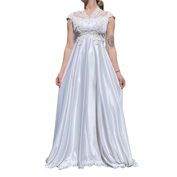 Vintage 1970s White Lace Boho Hippie Retro Maxi Dress Floral Wedding Gown Sz M